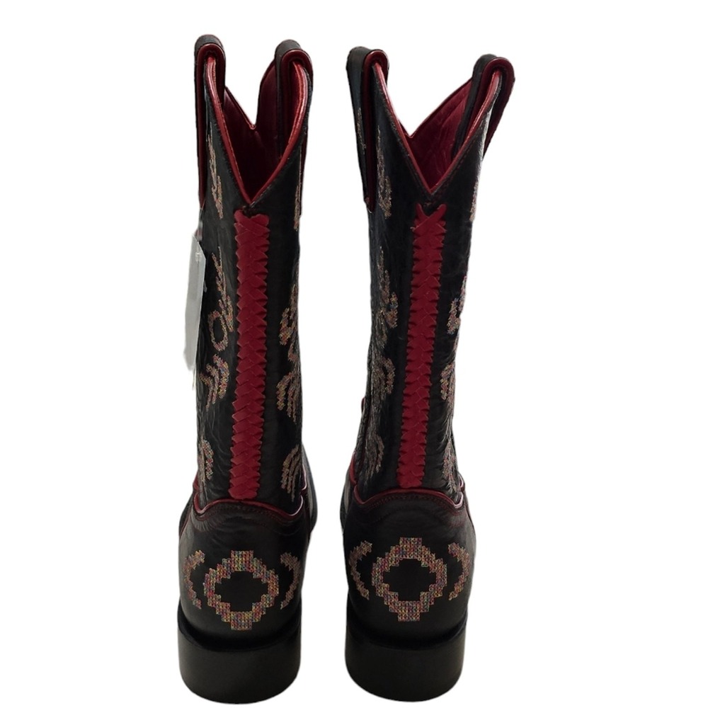 Black Star Black Leather Western Boots Red Trim Embroidered Design - Picture 6 of 11